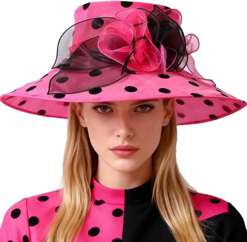 Organza Kentucky Dots Fascinator Hat for Women Ladies Wide Brim Big Sun Hats Wedding Church Hat Derby Cap in Kuwait