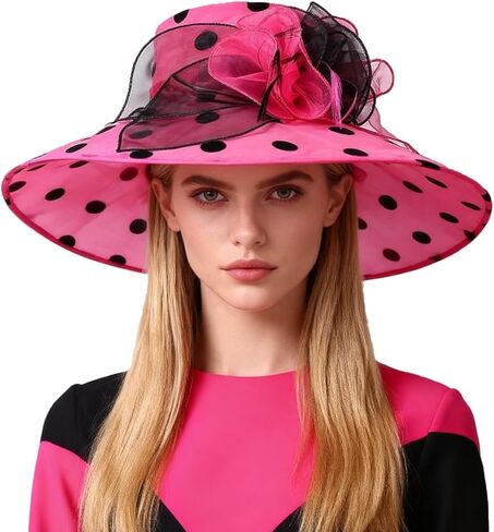 Organza Kentucky Dots Fascinator Hat for Women Ladies Wide Brim Big Sun Hats Wedding Church Hat Derby Cap in Kuwait