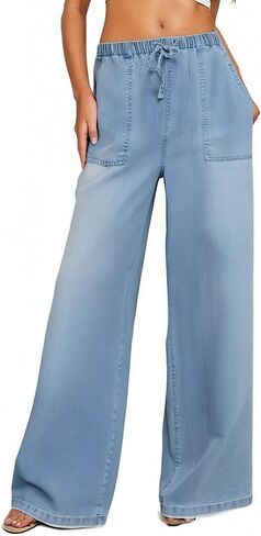 Women's Drawstring Wide Leg Jeans High Waisted Loose Fit Denim Pants Polyester in Saudi Arabia