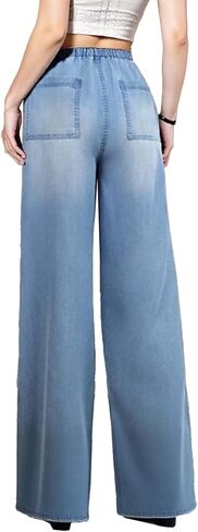 Women's Drawstring Wide Leg Jeans High Waisted Loose Fit Denim Pants Polyester in Saudi Arabia