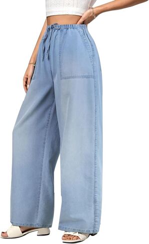 Women's Drawstring Wide Leg Jeans High Waisted Loose Fit Denim Pants Polyester in Saudi Arabia