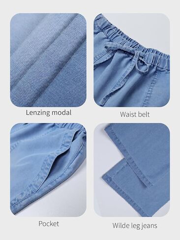 Women's Drawstring Wide Leg Jeans High Waisted Loose Fit Denim Pants Polyester in Saudi Arabia