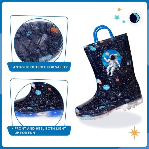 EUXTERPA Toddler Kids Waterproof Light Up Rain Boots Patterns and Glitter Boots with Handles for Boys Girls in Kuwait