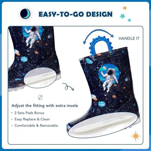 EUXTERPA Toddler Kids Waterproof Light Up Rain Boots Patterns and Glitter Boots with Handles for Boys Girls in Kuwait