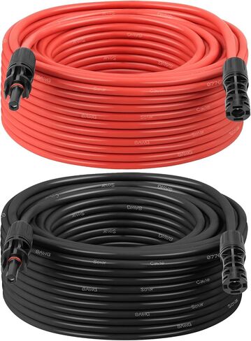 كبل تمديد لوحة الطاقة الشمسية - 10AWG 50 قدم سلك شمسي مع موصلات من الذكور والإناث المقاوم للماء للربع الوطني ، المنزل ، القارب ، السيارة (أحمر + أسود) in Saudi Arabia