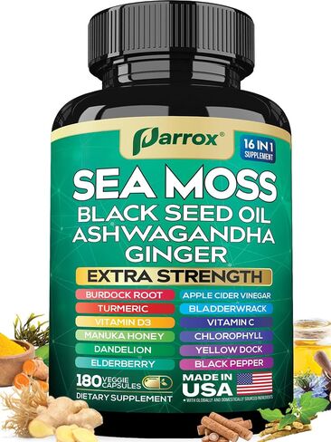 Sea Moss, Black Seed Oil, Ashwagandha, Turmeric, Chlorophyll, Dandelion, Ginger, Vitamin D3, Black Pepper, Elderberry, ACV, Yellow Dock, Burdock Root, Manuka, Vitamin C, Bladderwrack (60 Caps) in Saudi Arabia