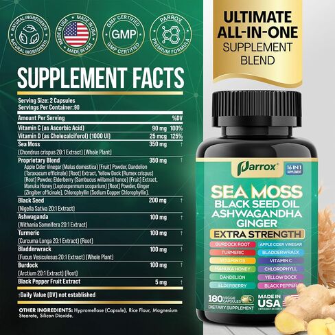 Sea Moss, Black Seed Oil, Ashwagandha, Turmeric, Chlorophyll, Dandelion, Ginger, Vitamin D3, Black Pepper, Elderberry, ACV, Yellow Dock, Burdock Root, Manuka, Vitamin C, Bladderwrack (60 Caps) in Saudi Arabia