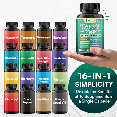 Sea Moss, Black Seed Oil, Ashwagandha, Turmeric, Chlorophyll, Dandelion, Ginger, Vitamin D3, Black Pepper, Elderberry, ACV, Yellow Dock, Burdock Root, Manuka, Vitamin C, Bladderwrack (60 Caps) in Saudi Arabia