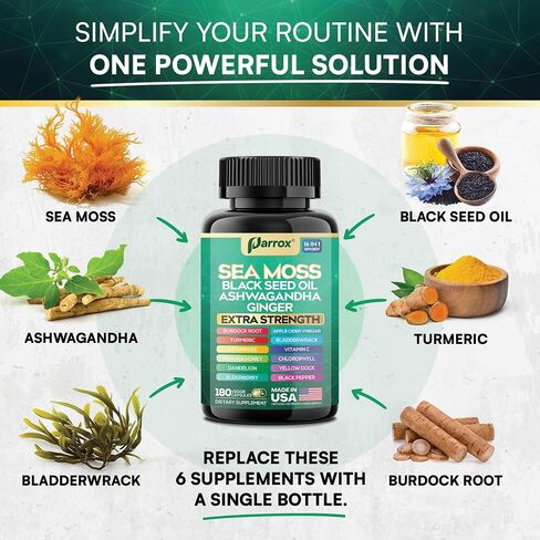 Sea Moss, Black Seed Oil, Ashwagandha, Turmeric, Chlorophyll, Dandelion, Ginger, Vitamin D3, Black Pepper, Elderberry, ACV, Yellow Dock, Burdock Root, Manuka, Vitamin C, Bladderwrack (60 Caps) in Saudi Arabia