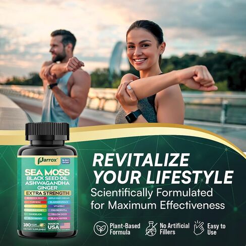 Sea Moss, Black Seed Oil, Ashwagandha, Turmeric, Chlorophyll, Dandelion, Ginger, Vitamin D3, Black Pepper, Elderberry, ACV, Yellow Dock, Burdock Root, Manuka, Vitamin C, Bladderwrack (60 Caps) in Saudi Arabia