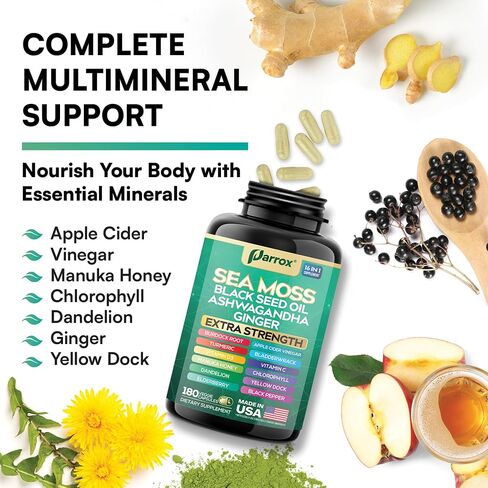 Sea Moss, Black Seed Oil, Ashwagandha, Turmeric, Chlorophyll, Dandelion, Ginger, Vitamin D3, Black Pepper, Elderberry, ACV, Yellow Dock, Burdock Root, Manuka, Vitamin C, Bladderwrack (60 Caps) in Saudi Arabia