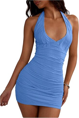 SOLY HUX Women's Halter Mini Dress Textured Deep V Neck Sleeveless Backless Ruched Bodycon Party Dresses in Saudi Arabia
