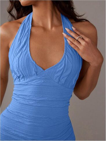 SOLY HUX Women's Halter Mini Dress Textured Deep V Neck Sleeveless Backless Ruched Bodycon Party Dresses in Saudi Arabia