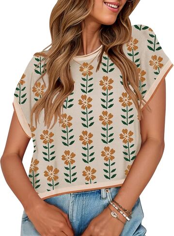 Zesica Womens Summer Tops Printed Tops Cap Sleeve Crew Neck Sweets Conttipts 2025 ملابس ملابس عصرية in Saudi Arabia
