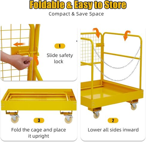 قفص أمان للرافعة الشوكية قابل للطي بسعة 1400 رطل، سلة رجل قابلة للطي مقاس 43 بوصة × 45 بوصة مع منصة غير قابلة للانزلاق للوظائف الجوية في المستودعات/البناء in Kuwait