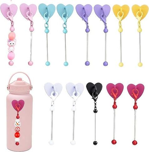 12 Packs Beadable Cup Charms with Adhesive Grip Hook Heart Shaped Buckle Accessories for Tumblers Handle Cup Metal Blank Bar Chains Wire Water Bottle Jewelry Making Blank Beaded DIY Craft, Silver, Gold and Rose-Gold in Saudi Arabia
