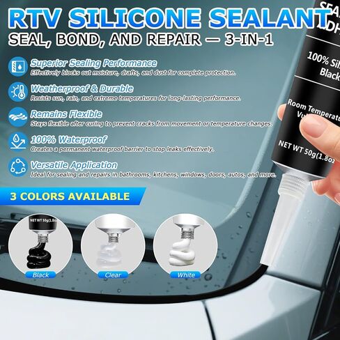 Black RTV Silicone Sealant Adhesive, 100% Silicone Caulk, Waterproof Sealant for Weatherstrip, Windscreen, Engine, High Bond Strength Adhesive Cars & Home Shrink & Crack Proof – 1.8oz / 50g in Kuwait