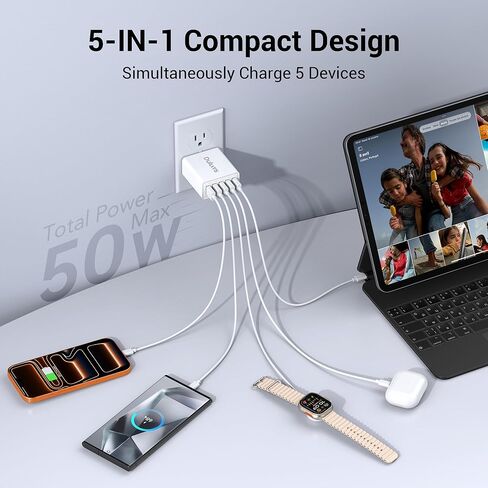 40W USB Wall Charger Block ، 2 part 4-port USB A Fast Charging Brick Dual QC Wall Plud Adapter متوافق مع iPhone 16/15/14/13/12/11 Pro Max Plus ، iPad ، Galaxy in Kuwait