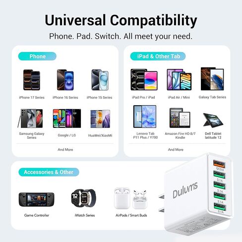 40W USB Wall Charger Block ، 2 part 4-port USB A Fast Charging Brick Dual QC Wall Plud Adapter متوافق مع iPhone 16/15/14/13/12/11 Pro Max Plus ، iPad ، Galaxy in Kuwait