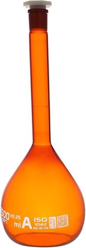 Eisco Amber Volumetric Flask, 200mL - Class A - Borosilicate Glass, Polyethylene Stopper, 14/23 Socket - QR Code Marking for Calibration Certificate in Saudi Arabia