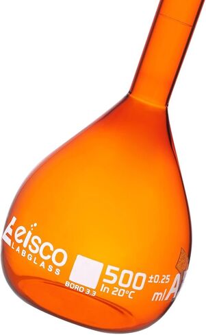 Eisco Amber Volumetric Flask, 200mL - Class A - Borosilicate Glass, Polyethylene Stopper, 14/23 Socket - QR Code Marking for Calibration Certificate in Saudi Arabia