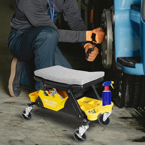 YELLOW JACKET Mechanic Rolling Stool 250 Lbs Capacity, Garage Stool on Wheels with Tool Tray Storage, Work Stools with Wheels for Garage, Shop, Mechanic Chair with Wheels, Auto Repair in Saudi Arabia