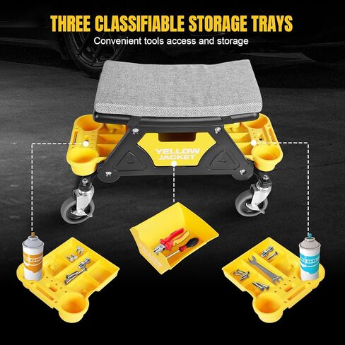 YELLOW JACKET Mechanic Rolling Stool 250 Lbs Capacity, Garage Stool on Wheels with Tool Tray Storage, Work Stools with Wheels for Garage, Shop, Mechanic Chair with Wheels, Auto Repair in Saudi Arabia
