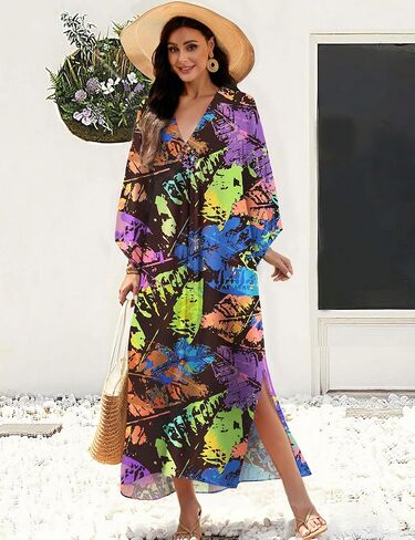 MAKABO Kaftan for Women Dress V Neck Short Sleeve Beach Vacation Bikini Swimsuit Cover Ups Loungewear for Summer in Kuwait
