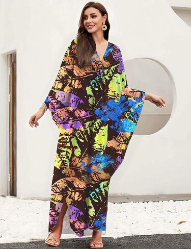 MAKABO Kaftan for Women Dress V Neck Short Sleeve Beach Vacation Bikini Swimsuit Cover Ups Loungewear for Summer in Kuwait
