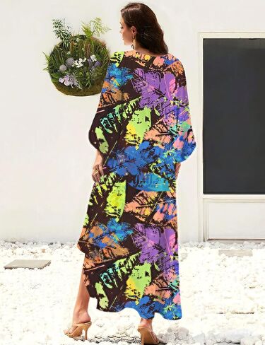 MAKABO Kaftan for Women Dress V Neck Short Sleeve Beach Vacation Bikini Swimsuit Cover Ups Loungewear for Summer in Kuwait