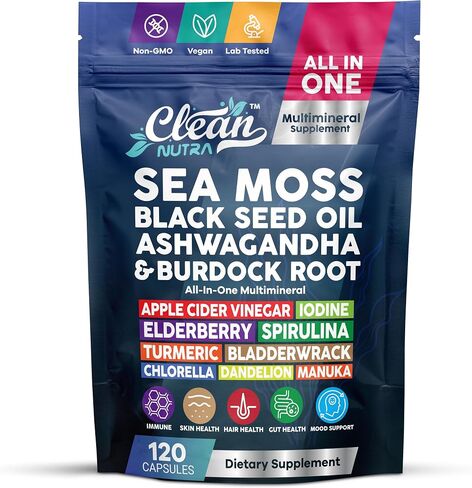 Clean Nutraceuticals Sea Moss Black Seed Oil Ashwagandha Turmeric Bladderwrack Burdock & Vitamin C Vitamin D3 with Elderberry Manuka Dandelion Yellow Dock Iodine Chlorophyll ACV in Kuwait