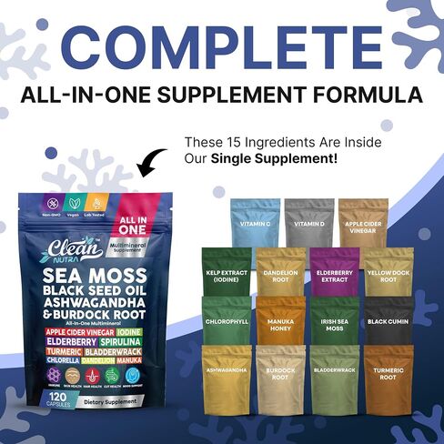 Clean Nutraceuticals Sea Moss Black Seed Oil Ashwagandha Turmeric Bladderwrack Burdock & Vitamin C Vitamin D3 with Elderberry Manuka Dandelion Yellow Dock Iodine Chlorophyll ACV in Kuwait