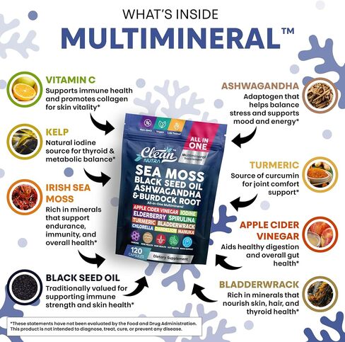 Clean Nutraceuticals Sea Moss Black Seed Oil Ashwagandha Turmeric Bladderwrack Burdock & Vitamin C Vitamin D3 with Elderberry Manuka Dandelion Yellow Dock Iodine Chlorophyll ACV in Kuwait