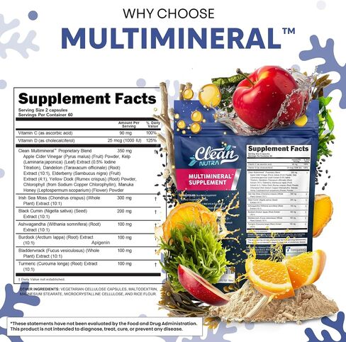 Clean Nutraceuticals Sea Moss Black Seed Oil Ashwagandha Turmeric Bladderwrack Burdock & Vitamin C Vitamin D3 with Elderberry Manuka Dandelion Yellow Dock Iodine Chlorophyll ACV in Kuwait