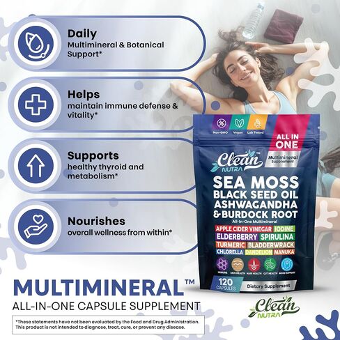 Clean Nutraceuticals Sea Moss Black Seed Oil Ashwagandha Turmeric Bladderwrack Burdock & Vitamin C Vitamin D3 with Elderberry Manuka Dandelion Yellow Dock Iodine Chlorophyll ACV in Kuwait