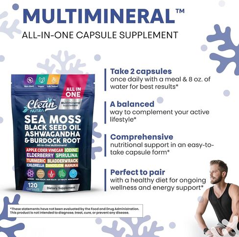 Clean Nutraceuticals Sea Moss Black Seed Oil Ashwagandha Turmeric Bladderwrack Burdock & Vitamin C Vitamin D3 with Elderberry Manuka Dandelion Yellow Dock Iodine Chlorophyll ACV in Kuwait