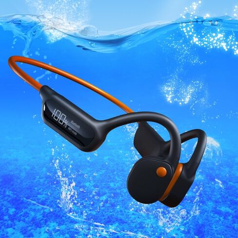 Swimming Headphones Bone Conduction Open Ear Headset MP3 Player Built-in 32G Memory IP68 Underwater Waterproof Stereo Bluetooth Earphone LED Screen for Driving Bicycling Running Skiing-S10 Black in Kuwait