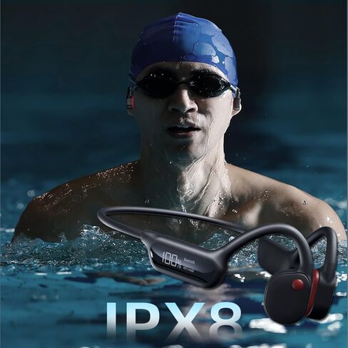Swimming Headphones Bone Conduction Open Ear Headset MP3 Player Built-in 32G Memory IP68 Underwater Waterproof Stereo Bluetooth Earphone LED Screen for Driving Bicycling Running Skiing-S10 Black in Kuwait