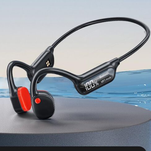 Swimming Headphones Bone Conduction Open Ear Headset MP3 Player Built-in 32G Memory IP68 Underwater Waterproof Stereo Bluetooth Earphone LED Screen for Driving Bicycling Running Skiing-S10 Black in Kuwait