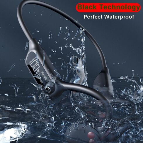 Swimming Headphones Bone Conduction Open Ear Headset MP3 Player Built-in 32G Memory IP68 Underwater Waterproof Stereo Bluetooth Earphone LED Screen for Driving Bicycling Running Skiing-S10 Black in Kuwait