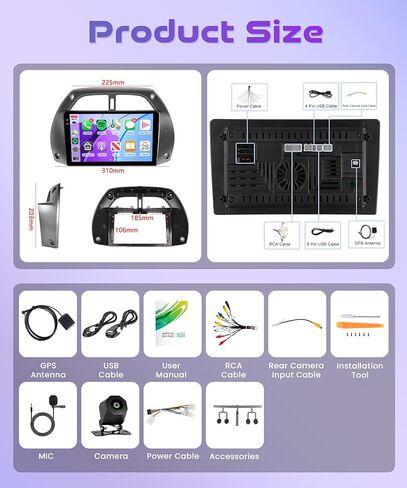 Android 13 Radio Carplay for Toyota RAV4 2001 2002 2003 2004 2005 2006, Rimoody Car Stereo 9 Inch Touch Screen GPS WiFi Android Auto Mirror Link Bluetooth FM HiFi + AHD Backup Camera in Kuwait