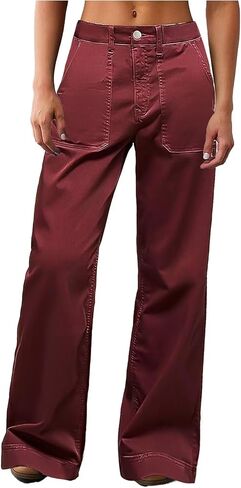 Flamingals Wide Straight Leg Mid Rise Baggy Pocket Denim Jeans Without Belt in Kuwait