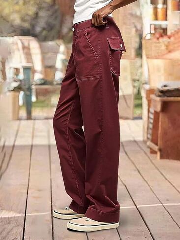 Flamingals Wide Straight Leg Mid Rise Baggy Pocket Denim Jeans Without Belt in Kuwait