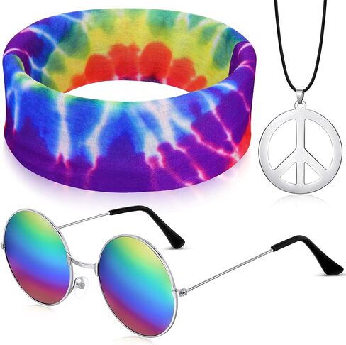 Frienda 3 Pcs Hippie Accessories Costume 70s Tie Dye Rainbow Leopard Outfits, Hippie Headbands for Men Peace Sign Necklace Sunglasses, Rainbow Style in Saudi Arabia