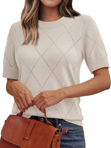 Lillusory Womens متماسكة مجوفة سترة الصيف خفيفة الوزن مصنوعة من الصوف مزيج الصوف قصير الأكمام in Kuwait