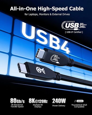 كابل يهم 80 جيجابت في الثانية USB 4 كابل 2 قدم ، يدعم ما يصل إلى [8K@120Hz / 4K@480Hz الفيديو ، شحن 240W ، نقل بيانات 80 جيجابت في الثانية] كابل USB4 ، أسود ، متوافق مع Thunderbolt 4 ، MacBook ، XPS ، Surface Pro in Kuwait