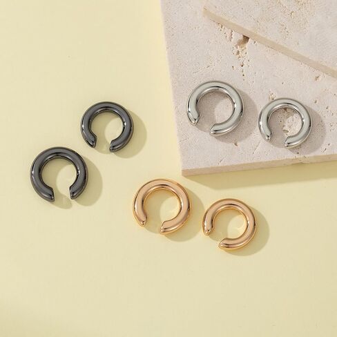 2 Pairs Ear Cuff Earrings for Women Chunky Gold Huggie Ear Cuff Silver Cartilage Cuff Earrings for Women Non Piercing Small Thick Round Fake Earring Cuff Trendy Jewelry Gift in Kuwait