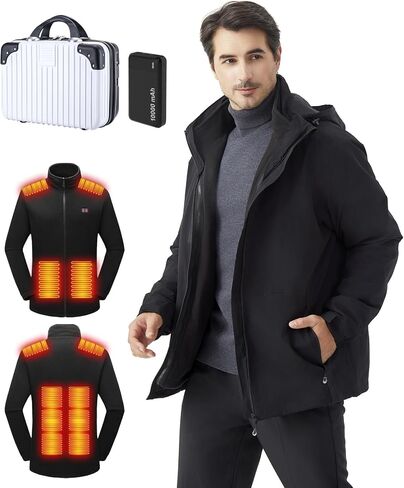 Men's Heated Jacket with Battery Pack, 10-Zone Electric Heating Jackets, Windproof Insulated Coat, Detachable Hood in Saudi Arabia