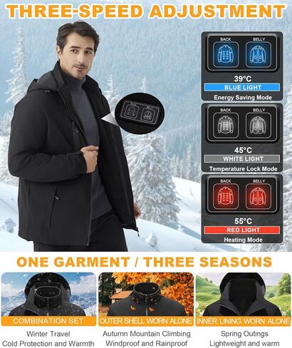 Men's Heated Jacket with Battery Pack, 10-Zone Electric Heating Jackets, Windproof Insulated Coat, Detachable Hood in Saudi Arabia