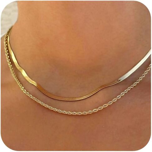 Gold Herringbone Necklace for Women Dainty 18K Gold Plated Layered Snake Chain Choker Necklaces Jewelry Set for Women in Kuwait